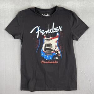Fender T Shirt Mens Medium Black Electric Guitar Handmade American Flag USA Logo